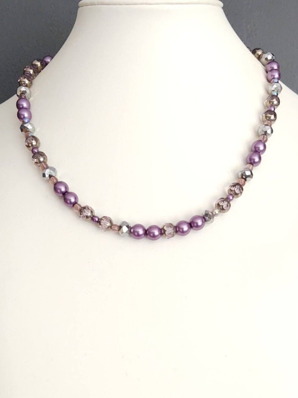 Purple, pink & silver glass necklace